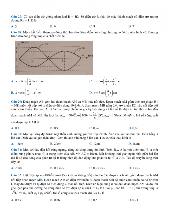 câu 27 đến 32 trang 4 đề vật lý thpt chuyên bắc ninh