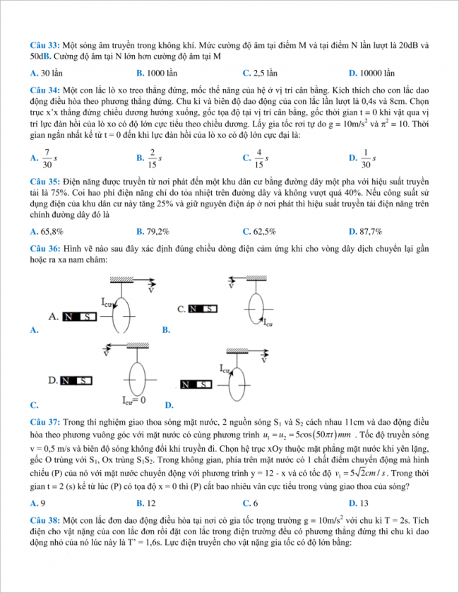 câu 33 đến 38 trang 5 đề vật lý thpt chuyên bắc ninh