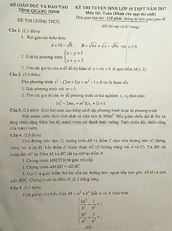 đề thi vào 10 môn toán 2017 Quảng Ninh