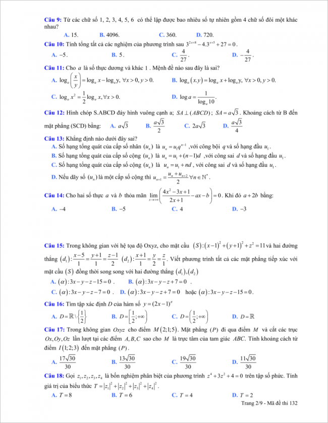 trang 2 câu 9 đến 18 đề thi thử thpt chuyên thái bình