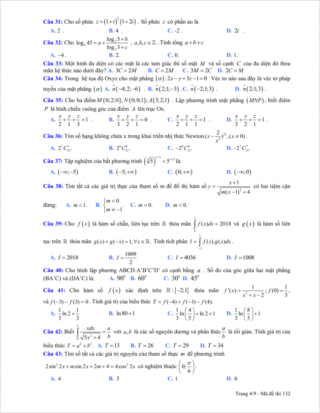 trang 4 câu 31 đến 43 đề thi thử thpt chuyên thái bình