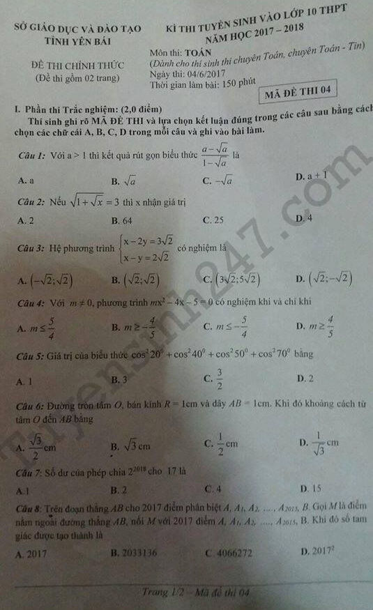 Đề thi môn toán chuyên vào lớp 10 tỉnh Yên Bài năm 2017 - Trang 1