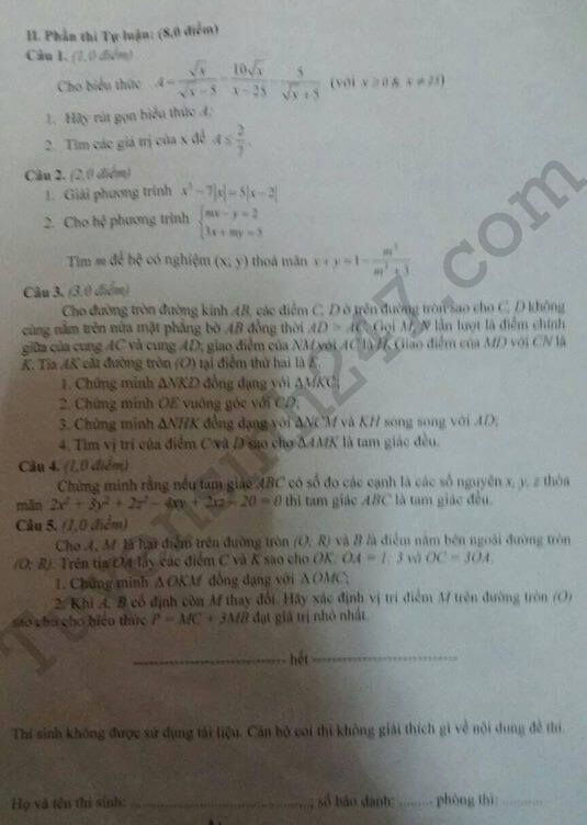 Đề thi môn toán chuyên vào lớp 10 tỉnh Yên Bài năm 2017 - Trang 2