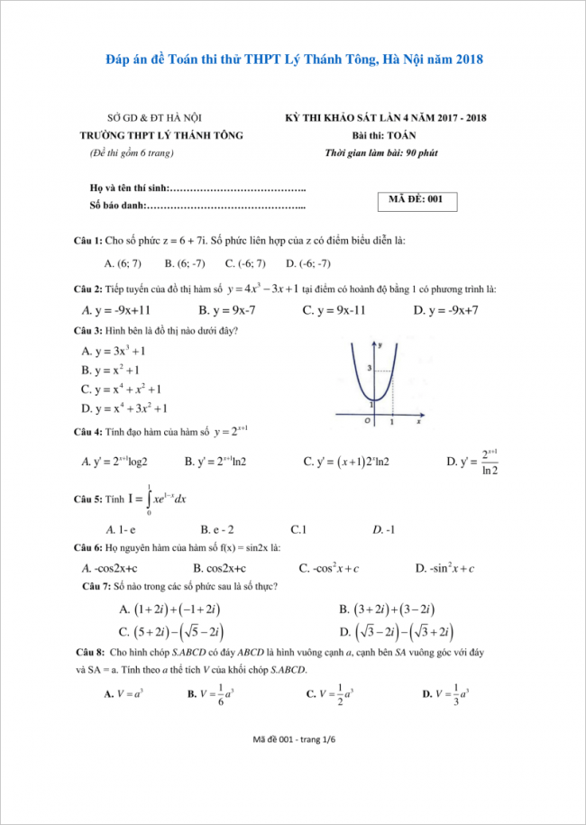 câu 1 đến 8 trang 1 đề toán thpt lý thánh tông