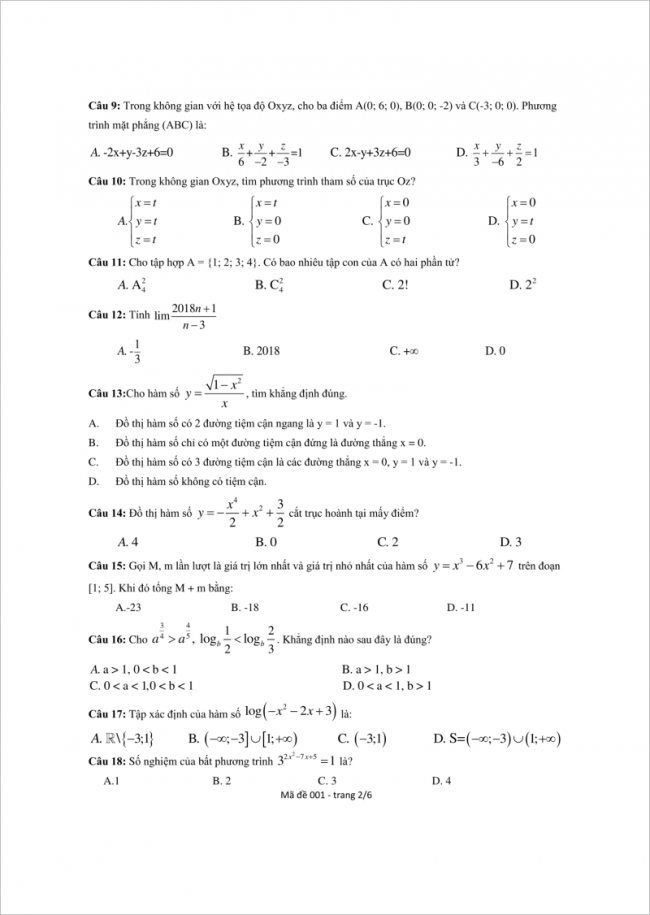 câu 9 đến 18 trang 2 đề toán thpt lý thánh tông