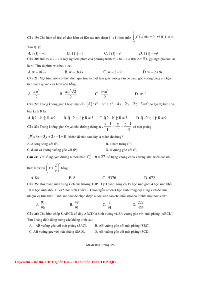 câu 19 đến 26 trang 3 đề toán thpt lý thánh tông