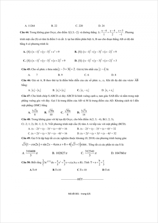 câu 44 đến 50 trang 6 đề toán thpt lý thánh tông