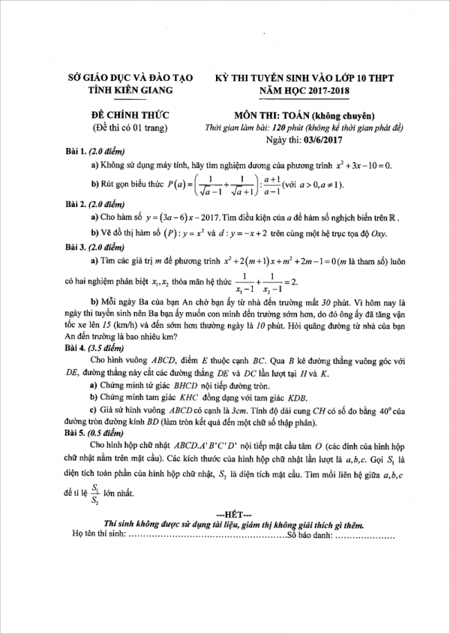đề bài câu 1 đến câu 5 môn toán thi vào lớp 10 kiên giang 2017
