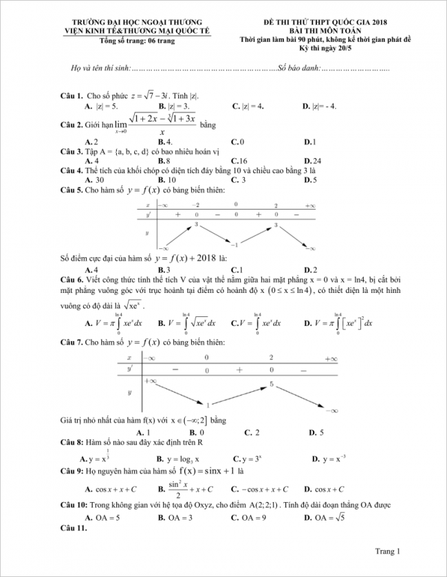 câu 1 đến 11 trang 1 đề toán thi thử đh ngoại thương HN