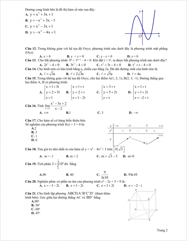 câu 12 đến 21 trang 2 đề toán thi thử đh ngoại thương HN