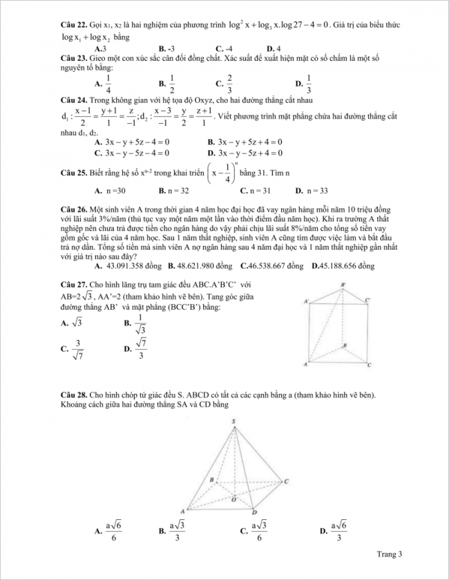câu 22 đến 28 trang 3 đề toán thi thử đh ngoại thương HN