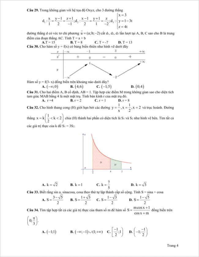 câu 29 đến 34 trang 4 đề toán thi thử đh ngoại thương HN