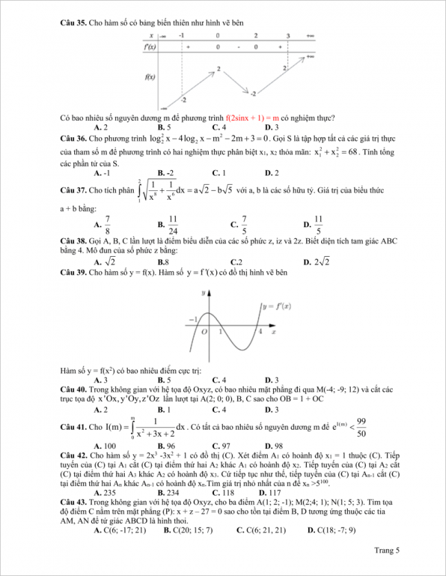 câu 35 đến 43 trang 5 đề toán thi thử đh ngoại thương HN