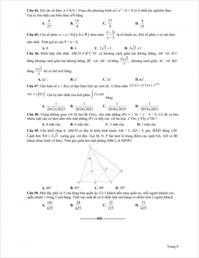 câu 44 đến 50 trang 6 đề toán thi thử đh ngoại thương HN
