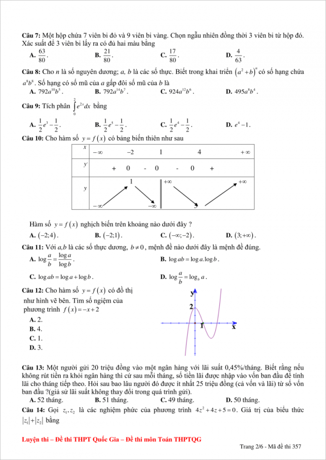 câu 7 đến 14 trang 2 đề thi thử toán thpt yên thành