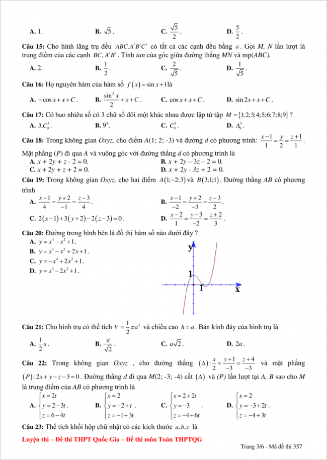 câu 15 đến 23 trang 3 đề thi thử toán thpt yên thành