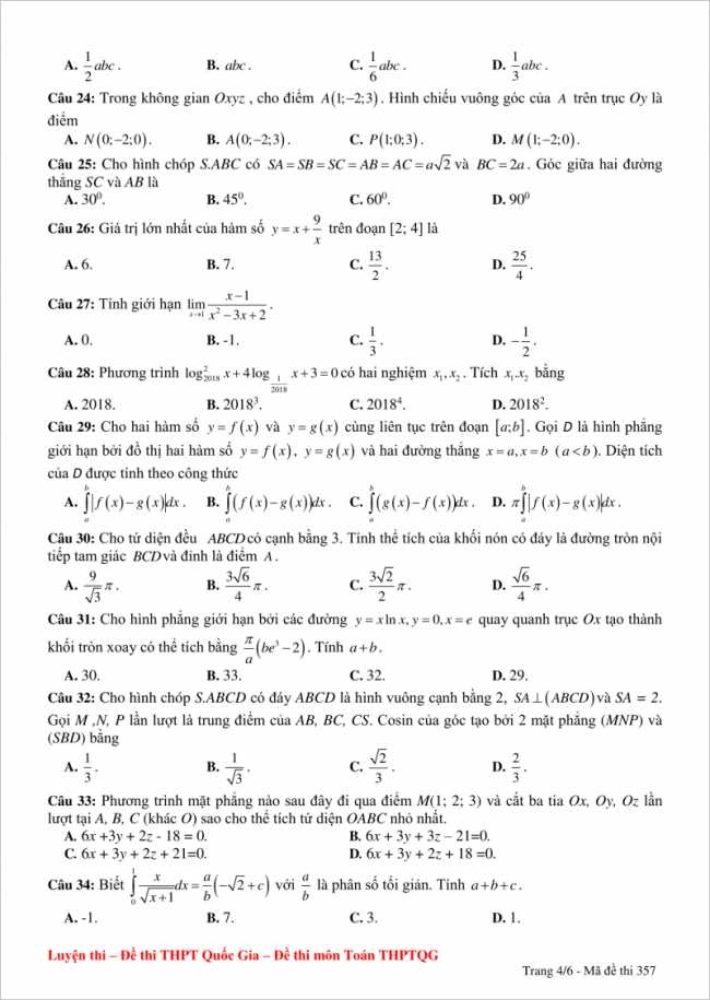 câu 24 đến 34 trang 4 đề thi thử toán thpt yên thành