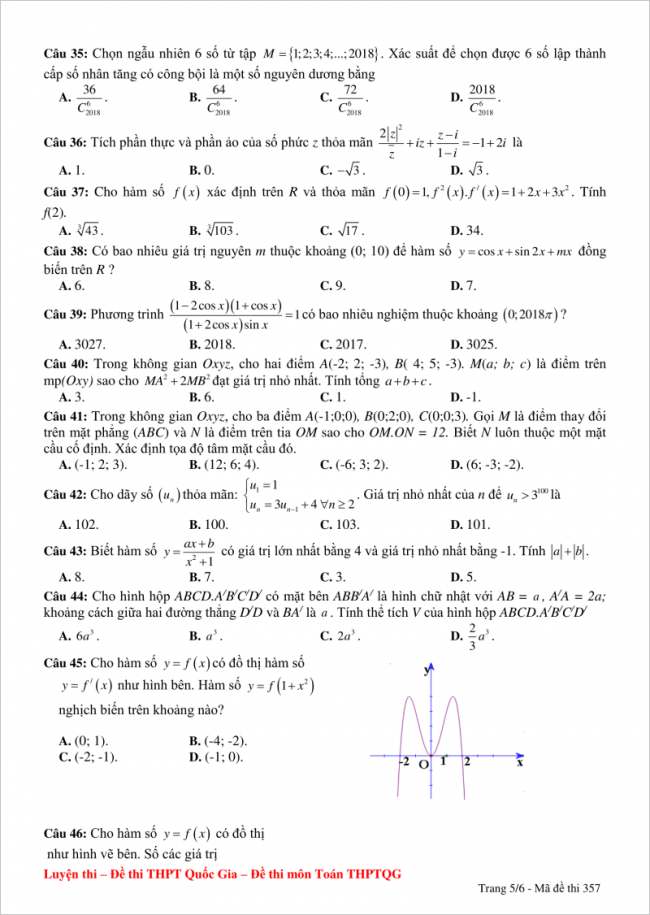 câu 35 đến 46 trang 5 đề thi thử toán thpt yên thành