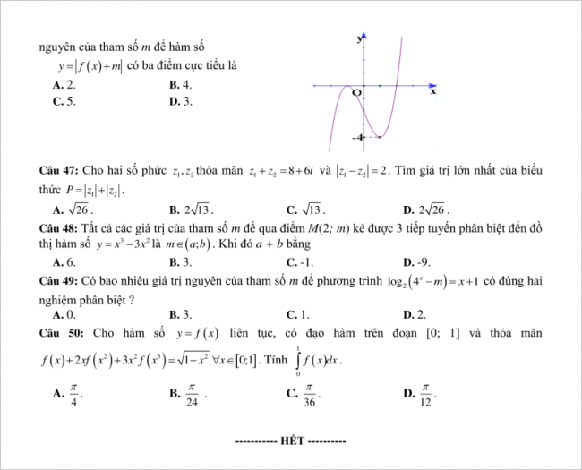 câu 47 đến 50 trang 6 đề thi thử toán thpt yên thành