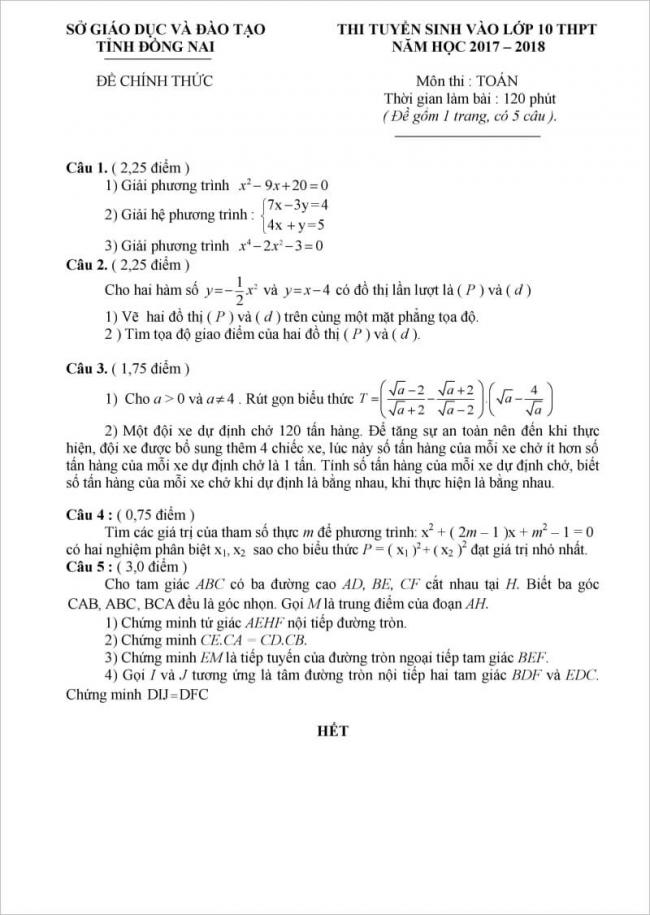 đề thi toán vào lớp 10 Đồng Nai 2017