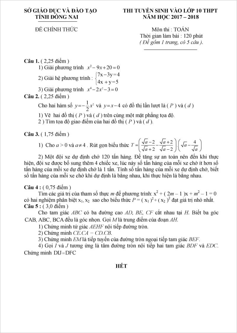 đề thi môn toán vào lớp 10 Đồng Nai 2017