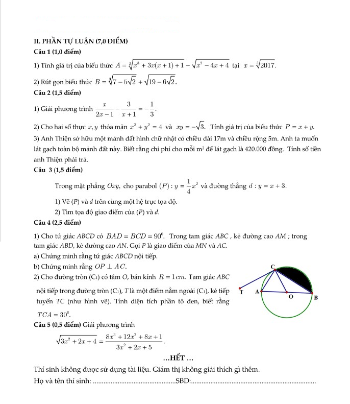 tự luận từ câu 1-5 đề toán thi vào 10 hậu giang 2017