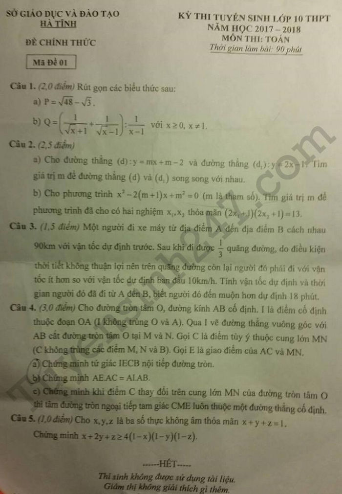 đề thi vào lớp 10 môn toán 2017 Hà Tĩnh mã đề 001