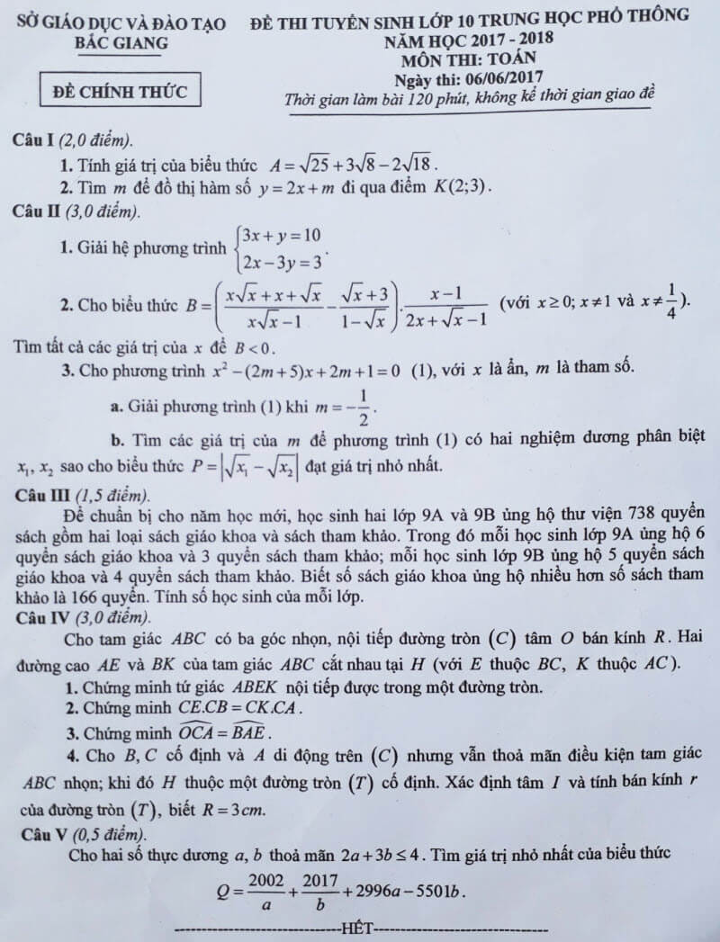 đề thi vào lớp 10 môn Toán năm học 2017 - 2018 tỉnh Bắc Giang