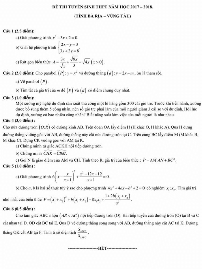 Đề thi vào lớp 10 môn Toán năm học 2017 - 2018 tỉnh Bà Rịa - Vũng Tàu