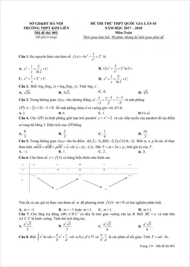 câu 1 đến 8 đề thi thử toán thpt kim liên hn