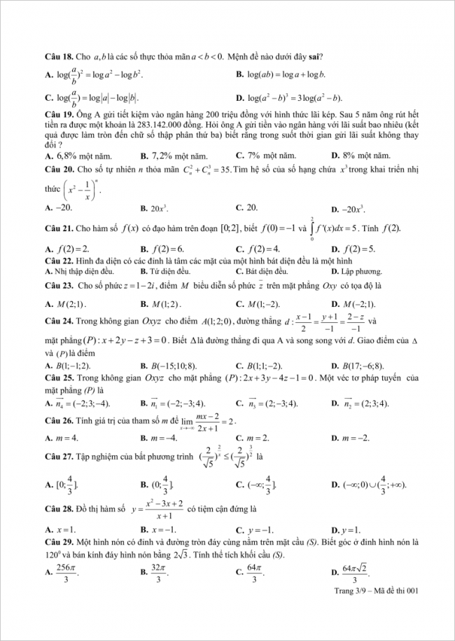 câu 18 đến 29 đề thi thử toán thpt kim liên hn