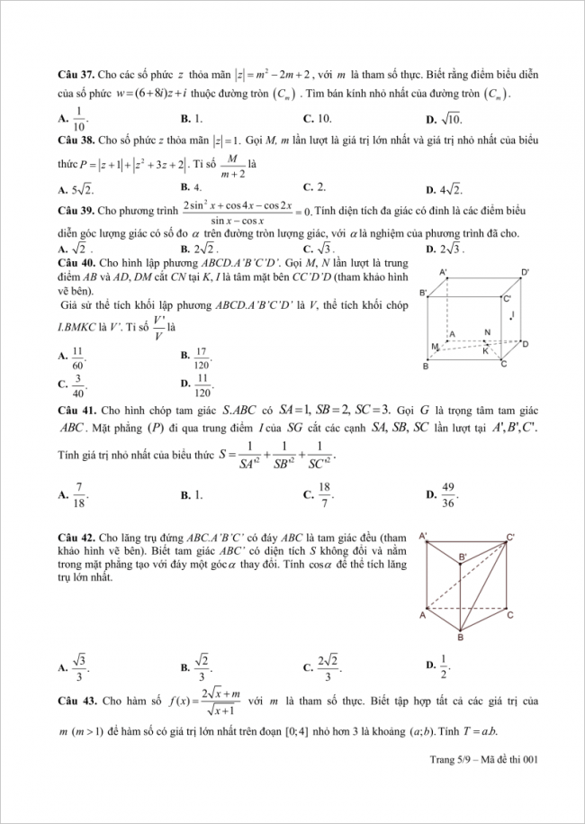 câu 37 đến 43 đề thi thử toán thpt kim liên hn