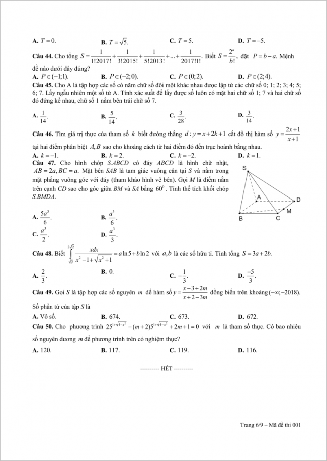câu 44 đến 50 đề thi thử toán thpt kim liên hn