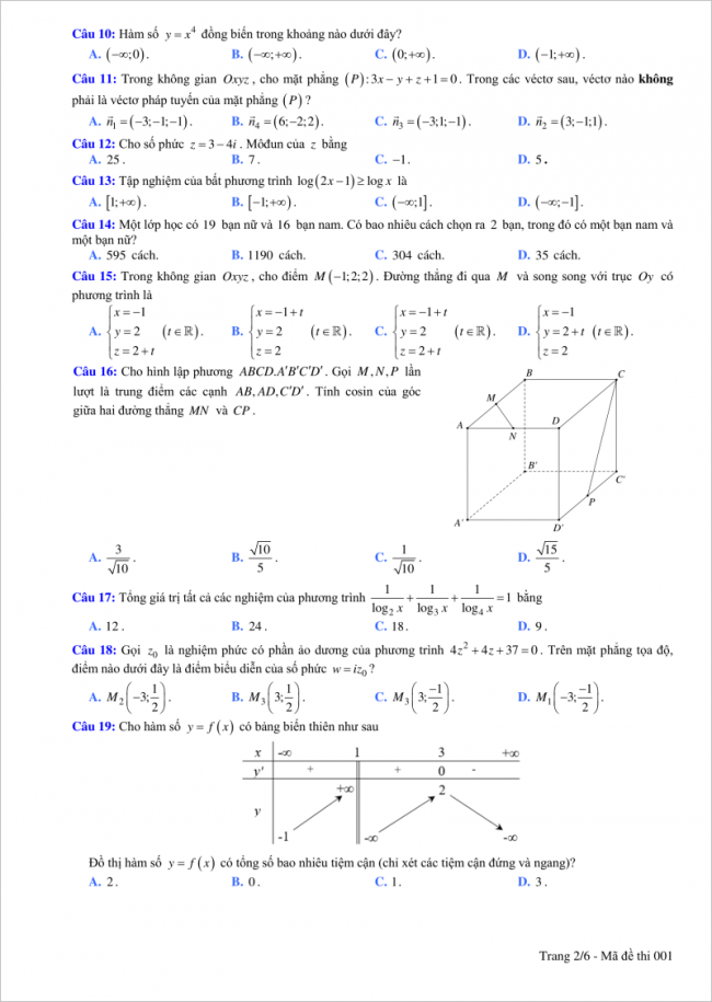 câu 10 đến 19 trang 2 đề toán thi thử thpt ninh bình