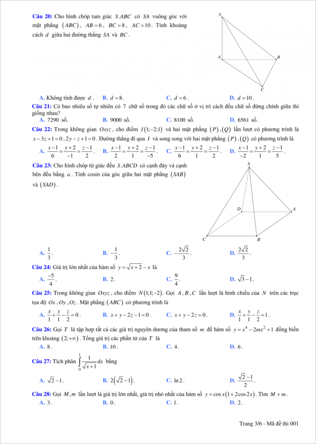 câu 20 đến 28 trang 3 đề toán thi thử thpt ninh bình