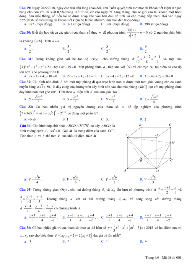 câu 29 đến 36 trang 4 đề toán thi thử thpt ninh bình
