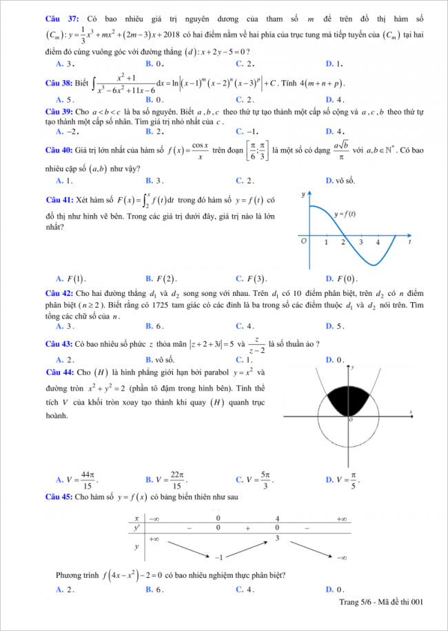 câu 37 đến 45 trang 5 đề toán thi thử thpt ninh bình