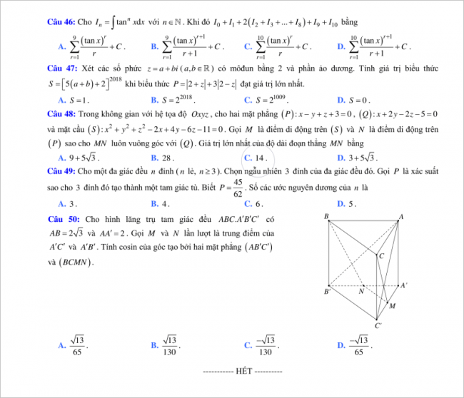 câu 46 đến 50 trang 6 đề toán thi thử thpt ninh bình