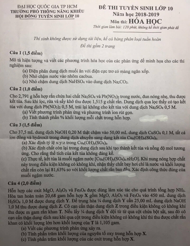 Đề thi Hóa tuyển sinh vào lớp 10 PTNK TPHCM 2018 trang 1