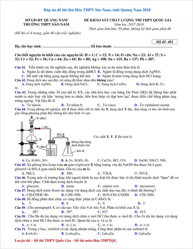 câu 41 - 51 trang 1 đề hóa thi thử thpt sào nam