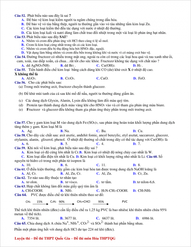 câu 52 - 65 trang 2 đề hóa thi thử thpt sào nam