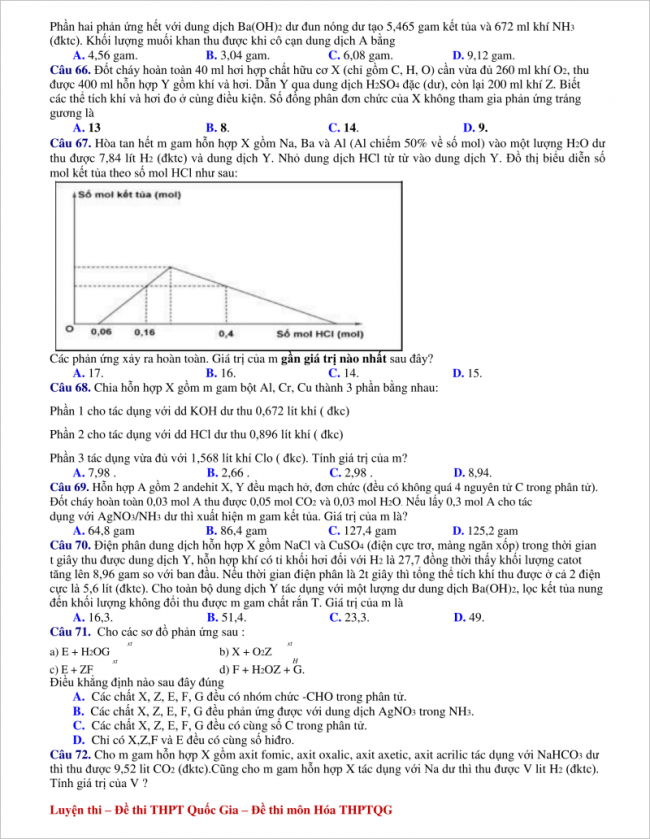 câu 66 - 72 trang 3 đề hóa thi thử thpt sào nam