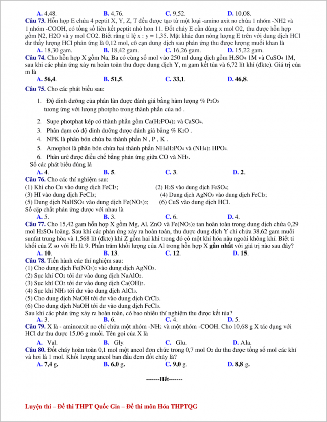 câu 73 - 80 trang 4 đề hóa thi thử thpt sào nam