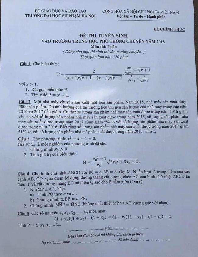 đề toán thi vào lớp 10 chuyên Sư phạm Hà Nội 2018
