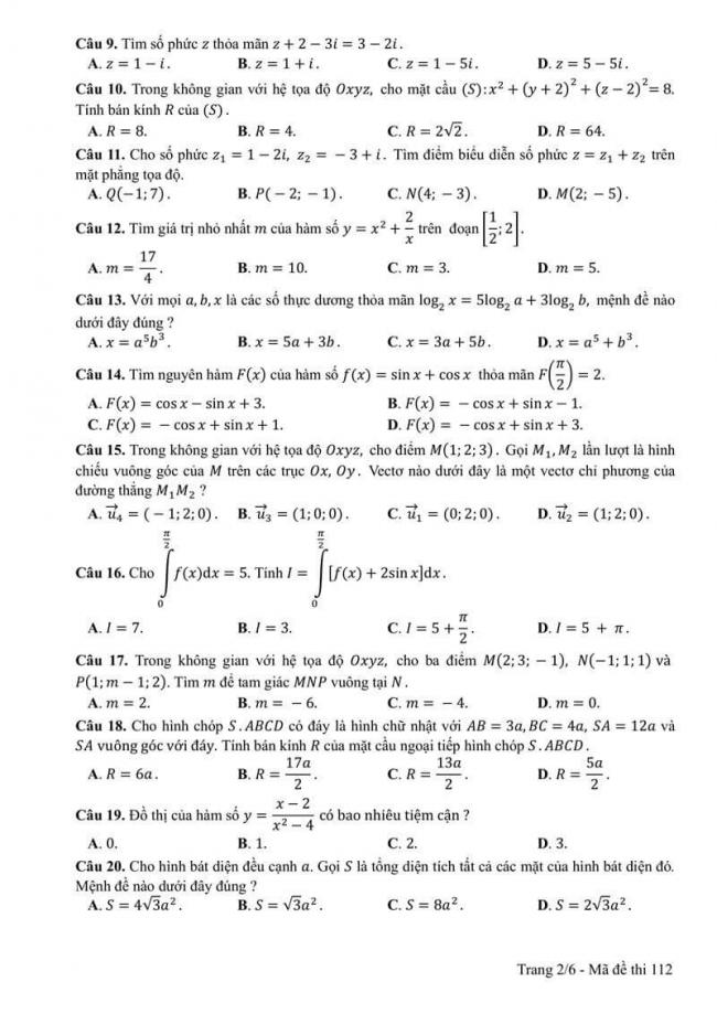 Đáp án đề thi môn Toán 112 THPT Quốc Gia năm 2017 trang 2