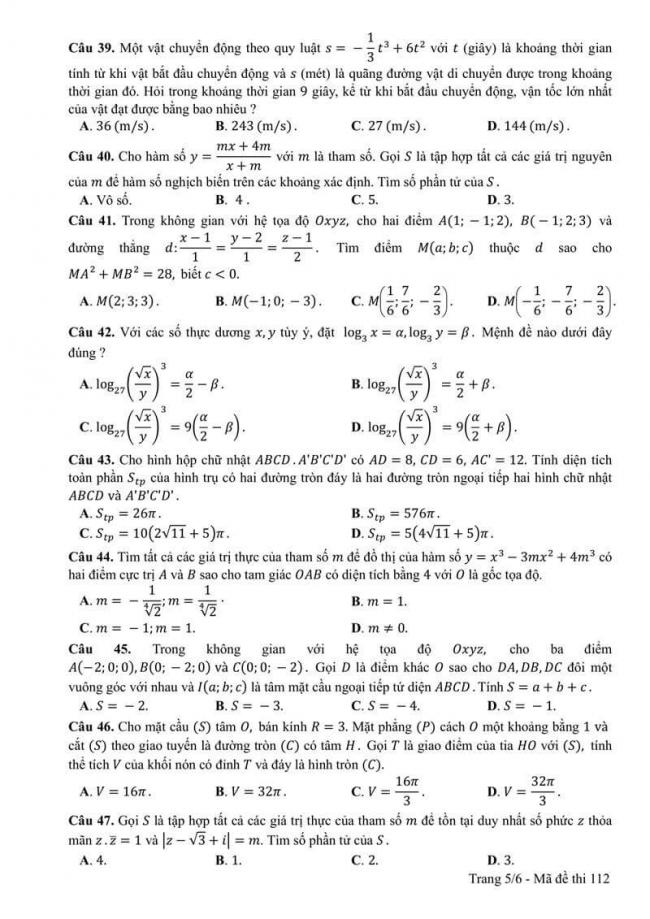 Đáp án đề thi môn Toán 112 THPT Quốc Gia năm 2017 trang 5