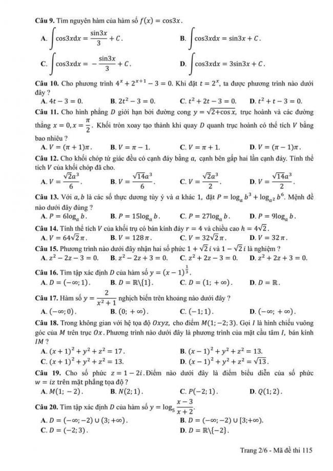 Đáp án đề thi môn Toán 115 THPT Quốc Gia năm 2017 trang 2