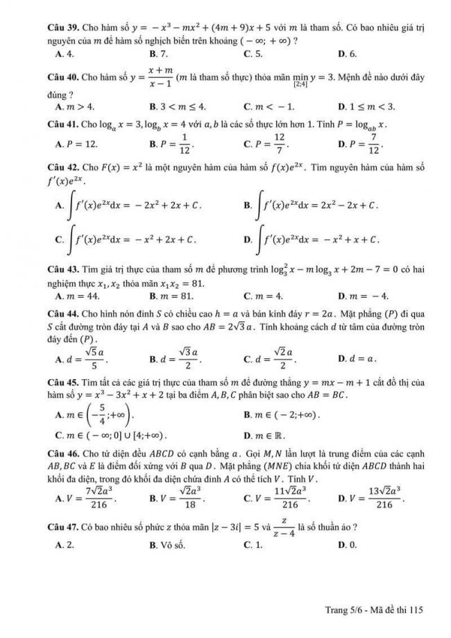 Đáp án đề thi môn Toán 115 THPT Quốc Gia năm 2017 trang 5