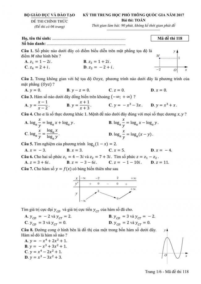 Đáp án đề thi môn Toán 118 THPT Quốc Gia năm 2017 trang 1