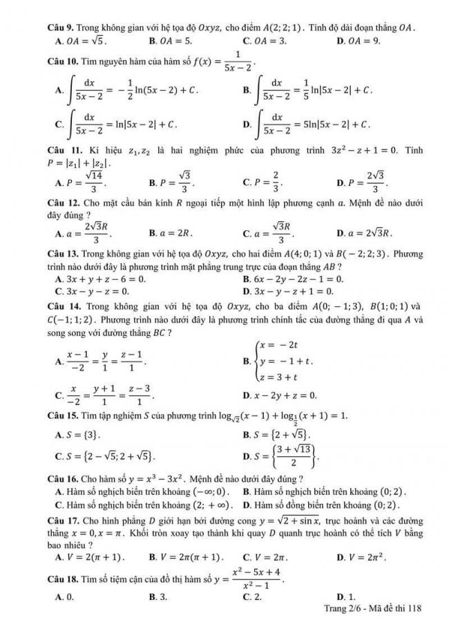 Đáp án đề thi môn Toán 118 THPT Quốc Gia năm 2017 trang 2